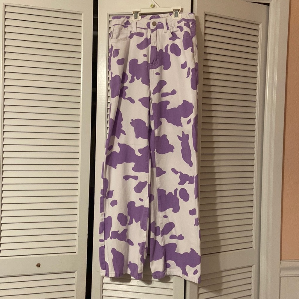 Purple cow print pants bought on amazon